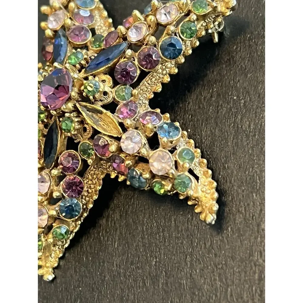 Vintage Signed FLORENZA Starfish Brooch Purple Blue Green MISSING 2 STONES
